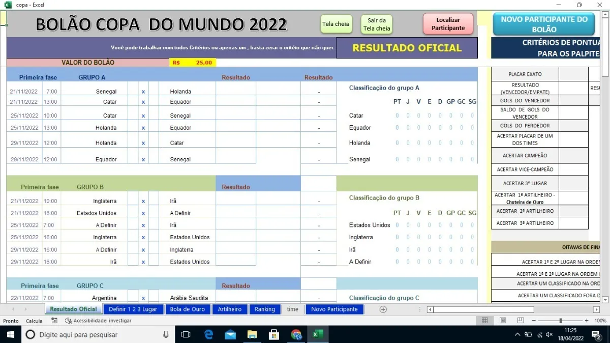 Planilha Controle De Bolão Da Copa 2022 - Catar