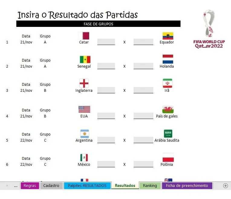 Planilha Da Copa Do Mundo 2022 Para Bolão - 1ª Fase - Catar