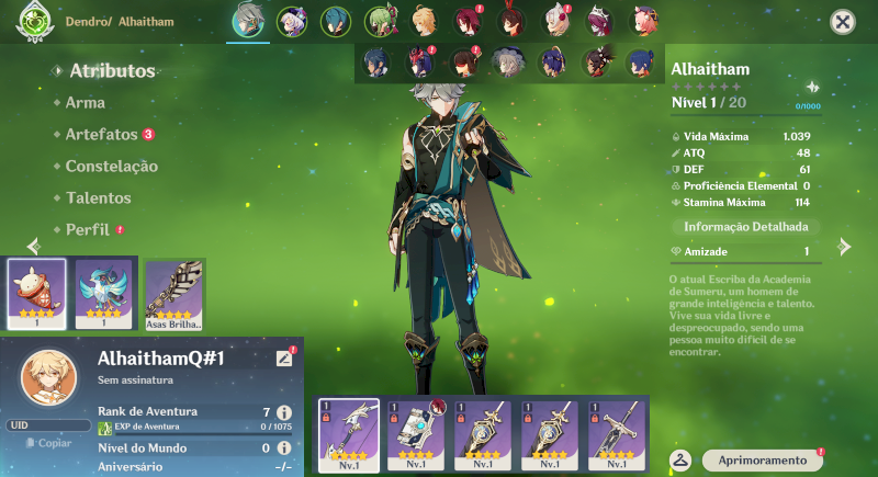 Conta Genshin Impact ar 7 Com Alhaitham, Luz das Folhas e Jean