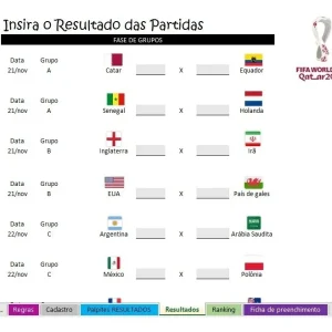 Planilha Da Copa Do Mundo 2022 Para Bolão - 1ª Fase - Catar
